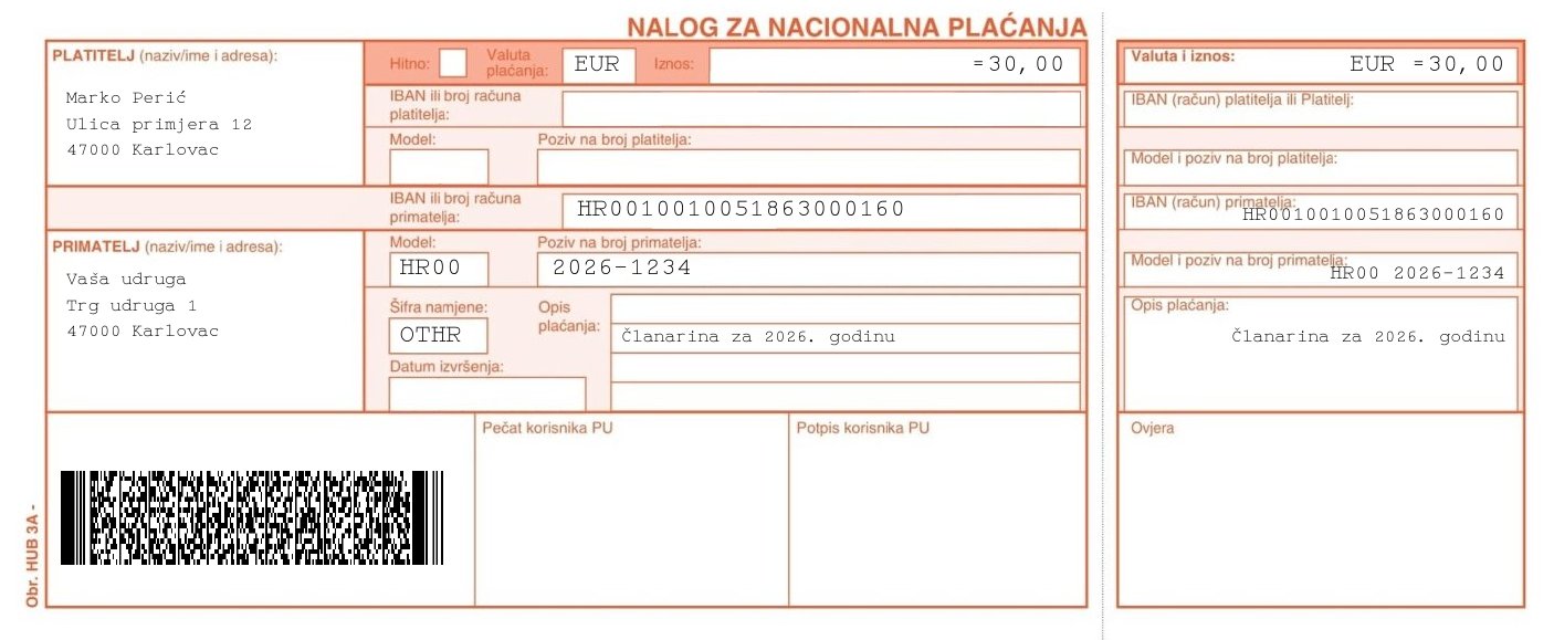 HUB-3A uplatnica s popunjenim podacima i 2D barkodom, kakvu generira Moja udruga